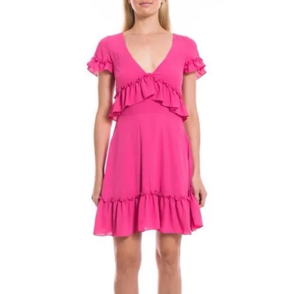 Likely Brason Pink Ruffle Trim V Neck Cap Sleeve Mini Dress Size 8 - Picture 1 of 7